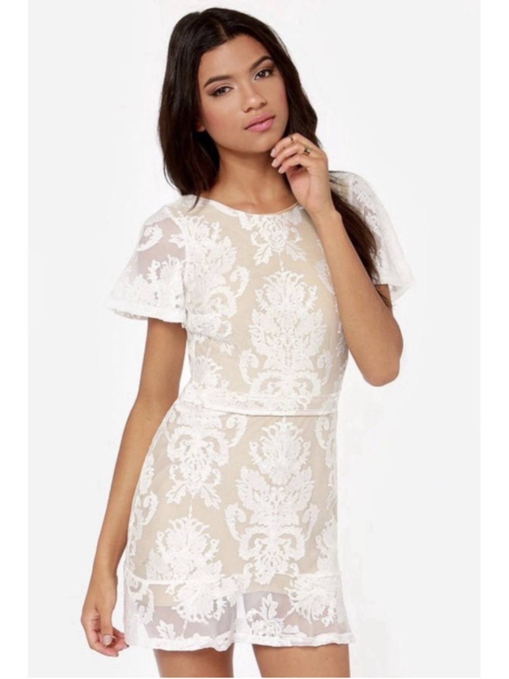 For Love & Lemons Lace San Marcos Mini Dress S Nude Illusion Party Bridal
